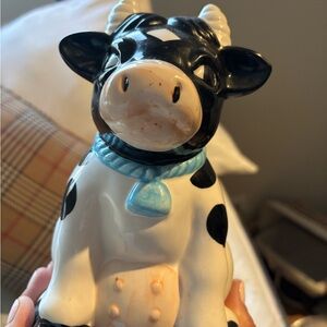 Vintage Ceramic Cow Figurine Vase with Blue Collar